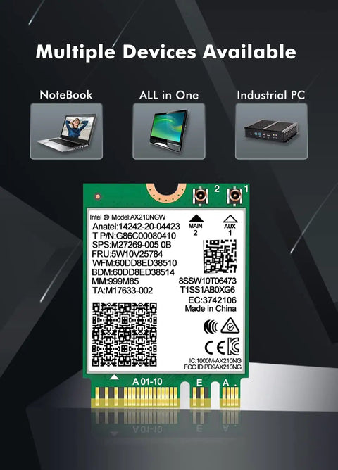 Tri Band WiFi 6E Network Card With AX210 NGW Bluetooth 5.3 For Laptop Upgrade Fast 6GHz 5GHz And 2 4GHz Speeds Plug And Play Windows 10 11 64 Bit M2 NGFF High Speed Wireless Adapter displayed with compatible devices