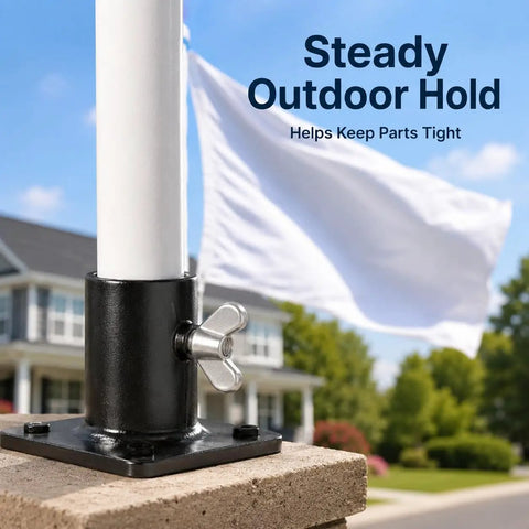 Premium M6 Stainless Steel Wing Nuts, No Sweat Butterfly Thumb Bolts For Flagpole Brackets And Yard Upgrades, Badass Rustproof Replacement Hardware With Smooth Grip And Dead Tight Lock Every Time securing flagpole with a black base and white flag.