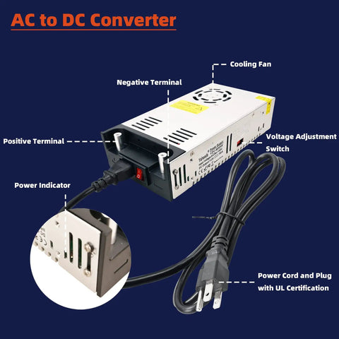 Beefy 600W 12V DC Power Converter with 50A peak showing cooling fan and terminals, 110V 220V AC in, switch transformer for RVs.