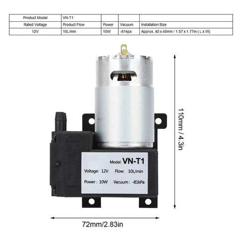 Vacuum pump VN-T1, miniature DC pump, 12V, 10L/min, -81kPa, mounted on black base
