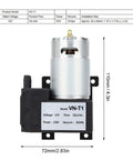 Micro Dc Vacuum Pump Air Trap Device With Killer Suction Low Noise Heavy Duty Shop Grade Workhorse That Is Solid As A Rock Premium Plastic Shell Stable Flow Control For Industrial Pipeline Workshop Projects Dc12V with specifications shown.