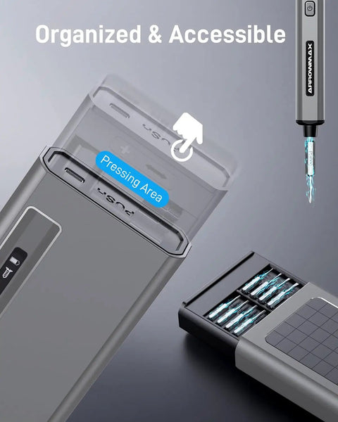Rechargeable Electric Screwdriver With 32Bit Microprocessor And HD OLED Display For Pinpoint Precision, compact storage box open