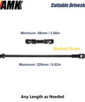 AMK cuttable driveshaft with marked scale showing minimum 68mm and maximum 229mm length adjustment.