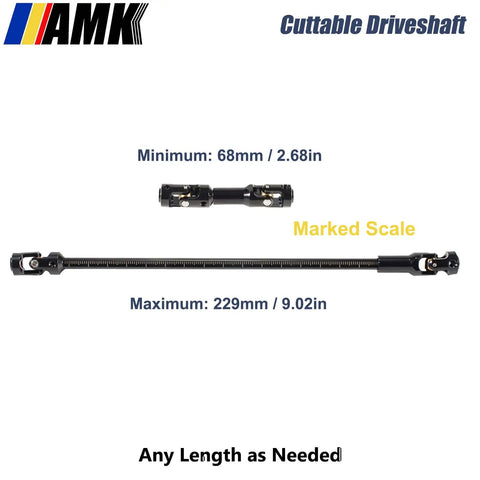 AMK cuttable driveshaft with marked scale showing minimum 68mm and maximum 229mm length adjustment.