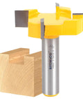 Spoilboard Surfacing Router Bit, Two Inch Diameter, One Half Inch Cutting Length, One Half Inch Shank, shown with wooden block