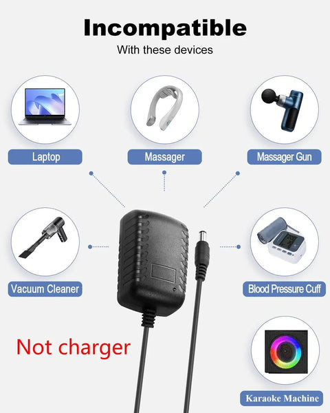 12V 2A DC Power Supply Universal AC Adapter 100-240V Input with plug and incompatible device icons shown