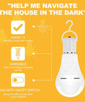 A19 Rechargeable LED Light Bulbs With Built In Battery Backup For Power Outages, 60 Watt Equivalent Daylight, hook and features shown