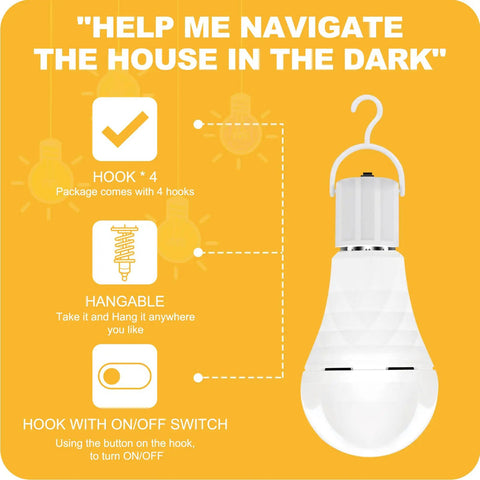 A19 Rechargeable LED Light Bulbs With Built In Battery Backup For Power Outages, 60 Watt Equivalent Daylight, hook and features shown