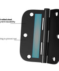 Black Door Hinges 30 Pack 3.5 Inch Matte Finish Residential Hinges With 5/8 Inch Radius Corners, showing cold rolled steel durability