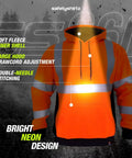 Hi-Vis Hoodie For Men Class 3 Type R Orange Safety Gear With Soft Fleece Interior shown with neon design and stitching details