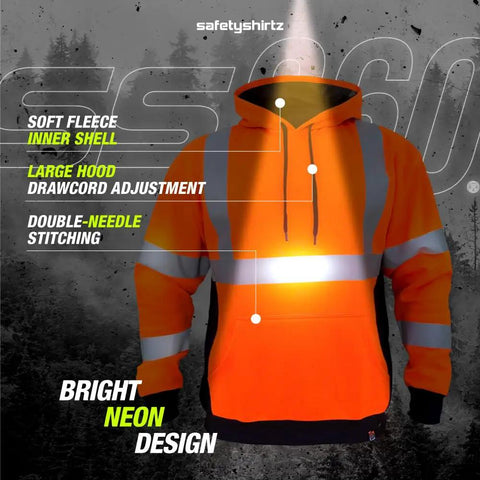 Hi-Vis Hoodie For Men Class 3 Type R Orange Safety Gear With Soft Fleece Interior shown with neon design and stitching details