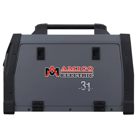 Front view of 205 Amp All In One MIG TIG Stick Arc Welder Dual Voltage 110V And 230V with handle and Amico Electric logo.