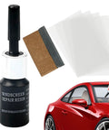 DIY Windshield Repair Kit For Chips And Cracks With Resin Glass Repair Fluid Quick And Easy Fix For Car Windshields Star Shaped Crack Repair Professional Grade with repair solution, blade, and curing strips shown with car.