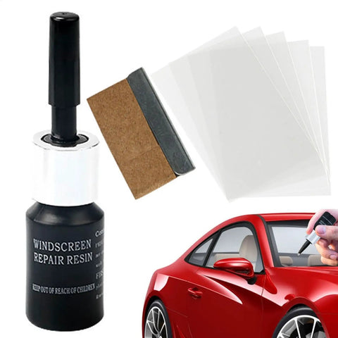DIY Windshield Repair Kit For Chips And Cracks With Resin Glass Repair Fluid Quick And Easy Fix For Car Windshields Star Shaped Crack Repair Professional Grade with repair solution, blade, and curing strips shown with car.