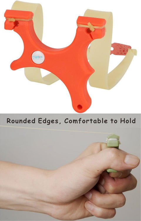Ultra Compact Mini Slingshot With Flat And Round Bands In Red Nylon Fiber, handheld showcasing grip and ambidextrous design.