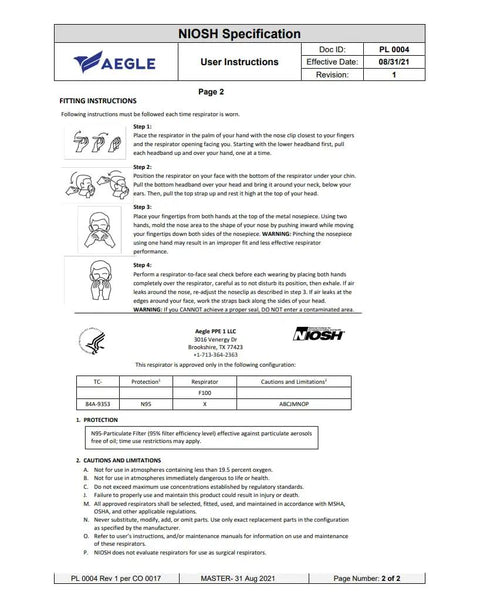 N95 Foldable Mask Pack USA Made NIOSH Approved 20 Count With Anti Counterfeit Packaging fitting instructions sheet.