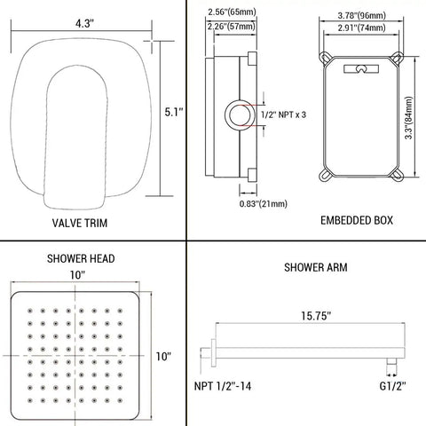 Dimensions of Pressure Balance Rain Shower System With Concealed Valve 10 Inch Rain Head Brushed Gold Finish All In One Easy Install Kit.