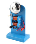 Vertical Electric Bell Science Kit For Physics Class Demos Hands On Magnetic Current Demonstration In Action With Durable PVC Materials Classroom Ready Lab Tool For Junior High Students, blue with bell and coils in detail.
