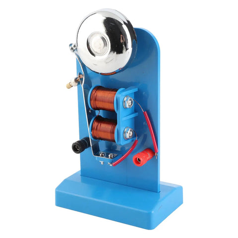 Vertical Electric Bell Science Kit For Physics Class Demos Hands On Magnetic Current Demonstration In Action With Durable PVC Materials Classroom Ready Lab Tool For Junior High Students, blue with bell and coils in detail.