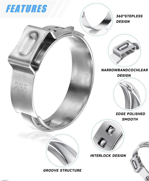 Close-up of 120 Piece Stainless Steel Single Ear Hose Clamp with design features, including 360° stepless, polished edges, and interlock design.