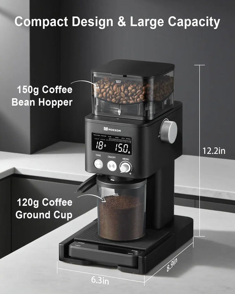Precision Conical Burr Coffee Grinder With Smart Bluetooth Scale And 31 Adjustable Grind Settings For Home Brewers Programmable Electric Bean Mill, compact design with 150g hopper.