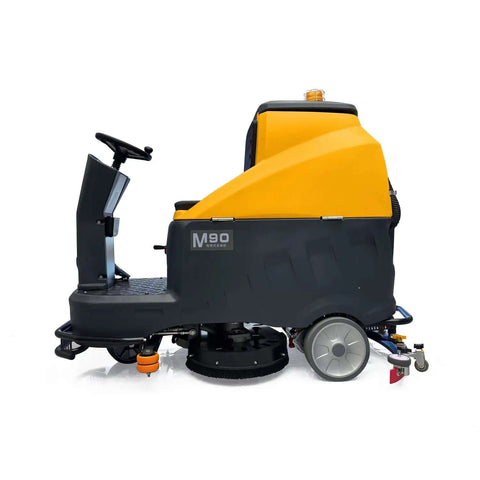 Side view of Beast Ride On Floor Scrubber For Large Spaces With A 45 Inch Cleaning Path Delivers About 70 000 Sq Ft Per Hour Dual Disc Brush 53 Gallon Water Tank Heavy Duty Floor Cleaning Machine For Warehouses Malls And Industrial Use
