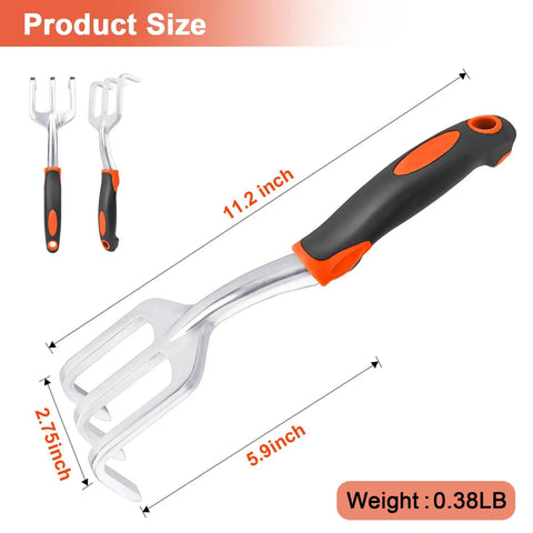 Beast Mode Heavy Duty Hand Cultivator With Ergonomic Handle Three Claw Garden Rake, size and weight dimensions visible