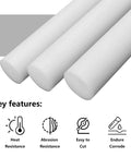 Three Pack 12 Inch Acetal Copolymer Rods For Non Marring Fixtures, Bushings And Spacers, White Solid Plastic Rod Stock, 1.57 Inch Diameter, Ideal DIY Gearhead Grade Material For Pro Projects. white rods with key features icons