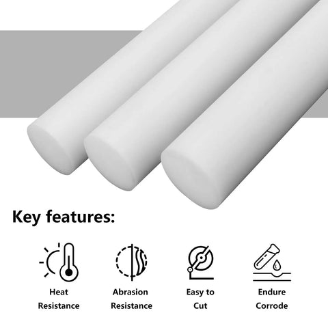 Three Pack 12 Inch Acetal Copolymer Rods For Non Marring Fixtures, Bushings And Spacers, White Solid Plastic Rod Stock, 1.57 Inch Diameter, Ideal DIY Gearhead Grade Material For Pro Projects. white rods with key features icons