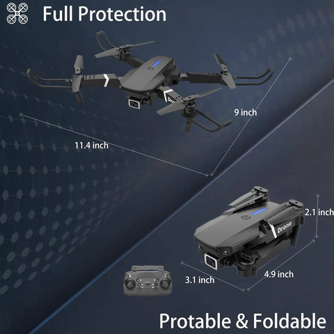 Dual Camera Drone For Adults And Kids Foldable RC Quadcopter With 1080P FPV, dimensions displayed, unfolded and folded views.