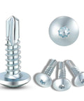 Heavy Duty Self Tapping And Self Drilling Trailer Screws Zinc Plated Rust Resistant Fasteners Built Like A Tank For Enclosed Car Haulers RV Panels No Sweat Install 150 Pack, showing multiple screws with flat heads.
