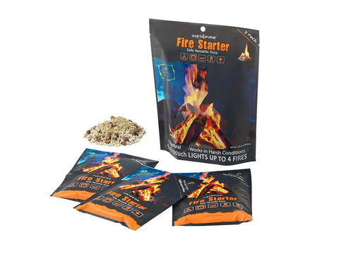 Three Pack Fire Starter For Camping And Emergency Prep, Waterproof Pouches, Long 10 To 15 Minute Burn Time, Packaging and loose starter