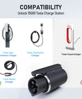 Plug And Go J1772 To Tesla Adapter Charges 80 Amp 240 Volt showing compatibility with various Tesla charger types.