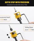 Close-up of Go To Countersink Drill Bit Set With Low Friction Depth Stop and Replaceable HSS Pilot Bits showcasing depth measurements.