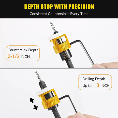 Close-up of Go To Countersink Drill Bit Set With Low Friction Depth Stop and Replaceable HSS Pilot Bits showcasing depth measurements.