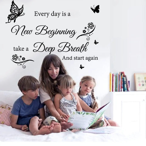 Every Day Is A New Beginning Inspirational Wall Art Sticker Set in living room with mom reading to three kids