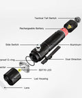 Exploded view of Rechargeable TT20 Flashlight With USB C Charging, Turbo Power Up To 2526 Lumens, 258 Meter Beam components labeled