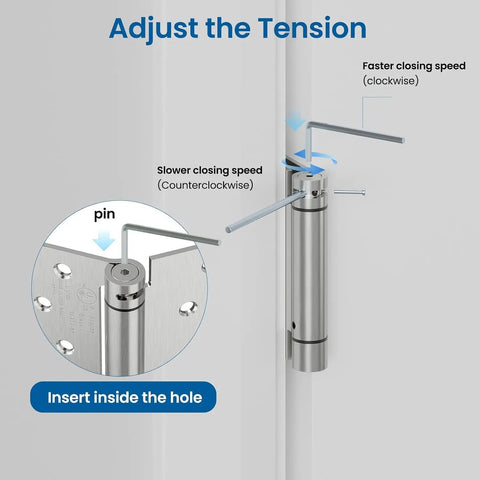 Adjusting tension on Snag These Heavy Duty 4 Inch Self Closing Door Hinges 2 Pack Spring Loaded Satin Nickel Hardware.