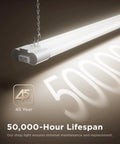 Side view of a Six Pack Four Foot Linkable LED Shop Light for Garage and Workshop, 4500 Lumens, 50,000-hour lifespan, hanging installation