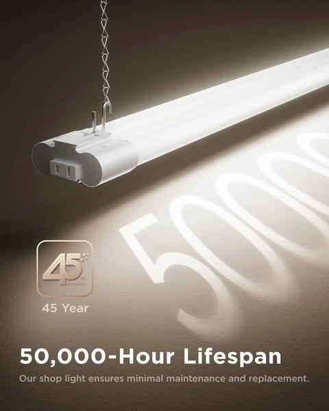 Side view of a Six Pack Four Foot Linkable LED Shop Light for Garage and Workshop, 4500 Lumens, 50,000-hour lifespan, hanging installation