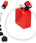 Automatic portable fuel transfer pump, front view with red container, long white hose, USB cable and adapters