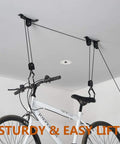 Ceiling Bike Mount Hanger Set Built Tough Steel Bicycle Lift Hoist with Safety Lock Adjustable Height Pulley System in use