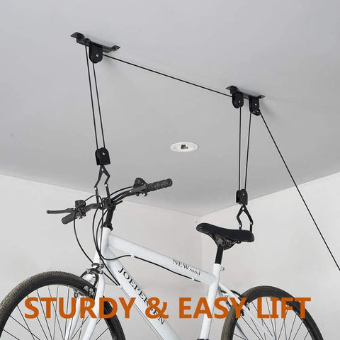 Ceiling Bike Mount Hanger Set Built Tough Steel Bicycle Lift Hoist with Safety Lock Adjustable Height Pulley System in use