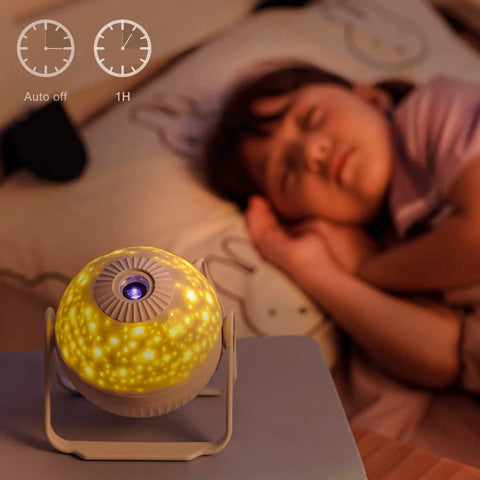 7 In 1 Planetarium Projector For Kids Room Decor with HD Focus, 360 Degree Rotating Ceiling Night Light next to sleeping child