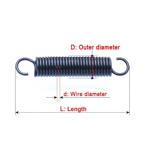10 Pack High Grade 0.8mm Stainless Steel Tension Springs With Open Hook Extensions For Heavy Duty Repairs And DIY Crafts Super Rust Proof showing dimensions.