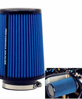 Snap This Slick 3 Inch Cone Air Filter Onto Your Rig Using A Rock Solid Clamp On Mount And Honeycomb Mesh Top Design For A Fully Washable Reusable Tapered Pod Filter Built Tough For Street Or Track In Blue, showing detailed close-up.