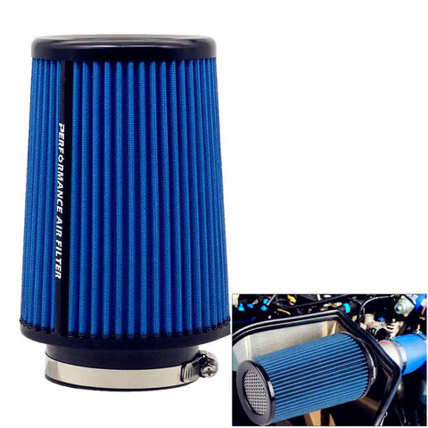 Snap This Slick 3 Inch Cone Air Filter Onto Your Rig Using A Rock Solid Clamp On Mount And Honeycomb Mesh Top Design For A Fully Washable Reusable Tapered Pod Filter Built Tough For Street Or Track In Blue, showing detailed close-up.