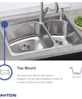Double stainless steel top mount sink on granite countertop with faucet, featuring drop-in design and two bowl setup.