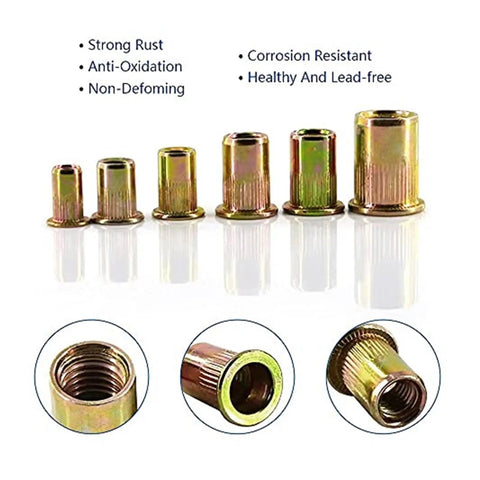 Get Your Hands On These Hot 10 Flat Head Threaded Insert Nuts In Sizes M3 To M12 Featuring Zinc Plated Carbon Steel For Serious Strength And A Knurled Body That Slams Into Place Without Spinning Around Like Crazy. A variety of zinc plated threaded insert nuts, showcasing different sizes and knurled design for secure installation.