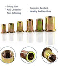 10 Piece Flat Head Threaded Insert Nuts Kit M3 To M12 Heavy Duty Zinc Plated Carbon Steel Rivet Nut Set with various sizes displayed.
